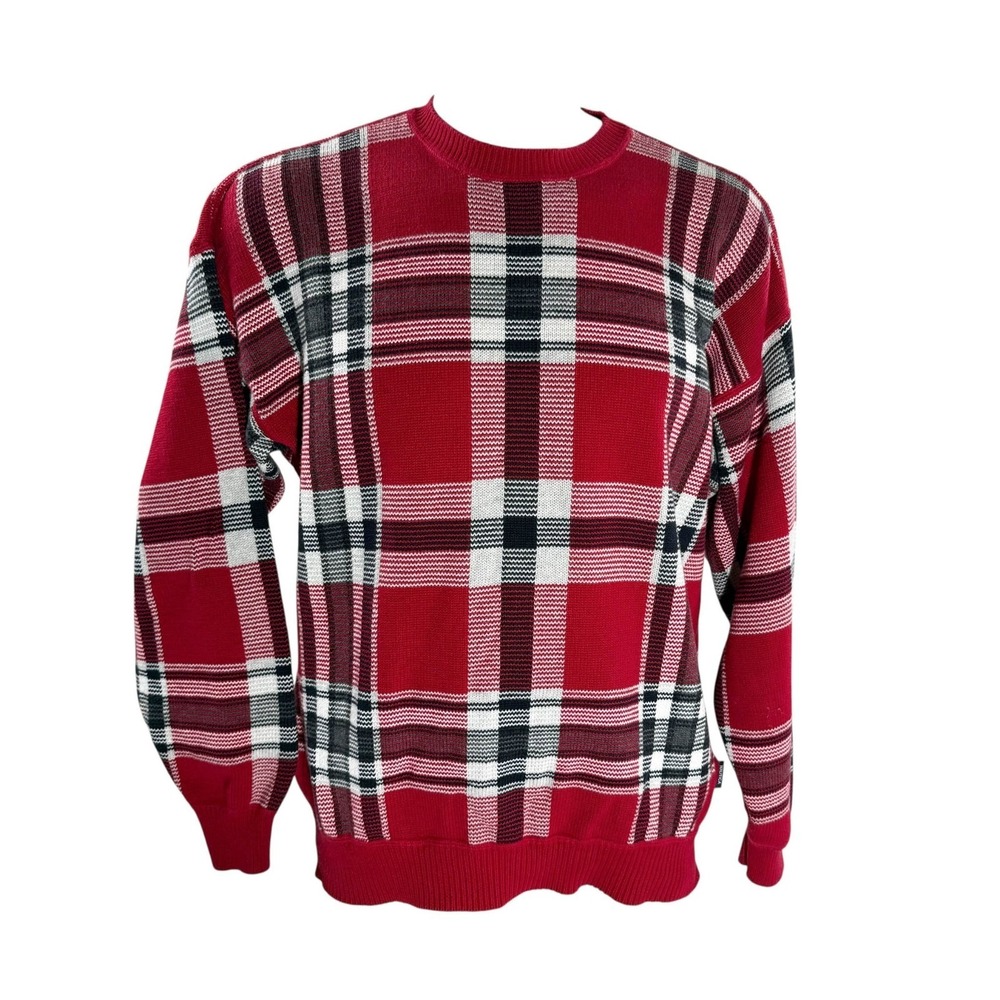 Nautica Sweater Large Plaid Pullover Red Black White